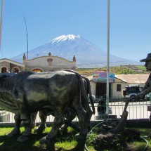 Monument in Chiguata with Volcan El Misti (center) and Nevado Chachani (left) in the background